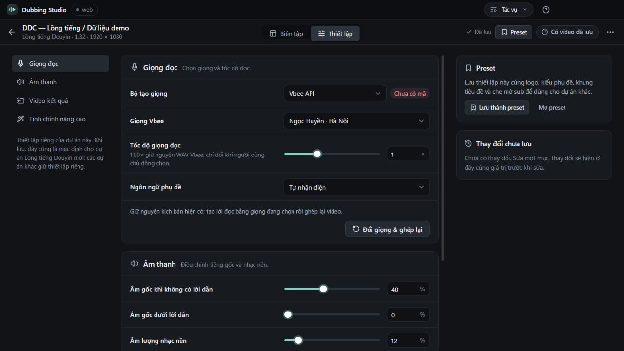 The actual Dubbing Studio voice settings with voice selection, speed, audio mixing and presets.
