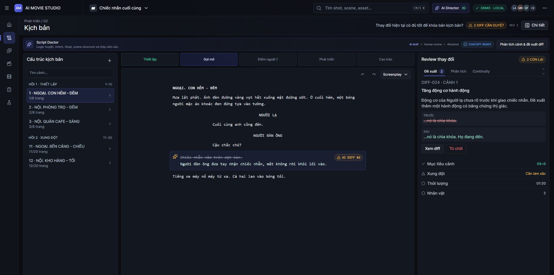 The actual AI Movie Studio script workspace with Script Doctor and a change review panel.